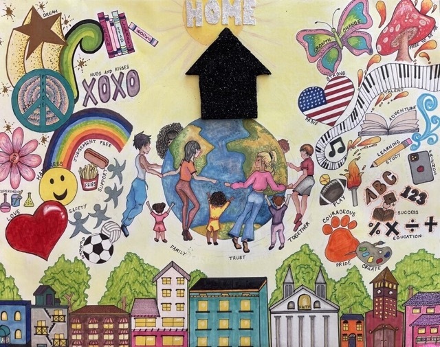 2024 What Home Means to Me Calendar. Artwork showing a family floating around earth showing elements that mean home to the artist.